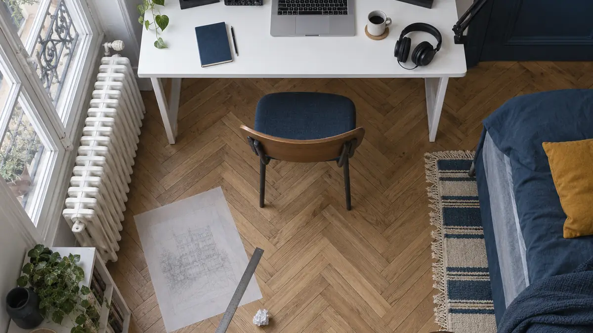 Vue de dessus d'une pièce d'appartement aménagée en home studio, avec un bureau, des enceintes et un micro