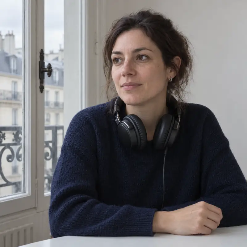 Portrait d'Elsa Hennebert, casque autour du cou, devant une table de montage