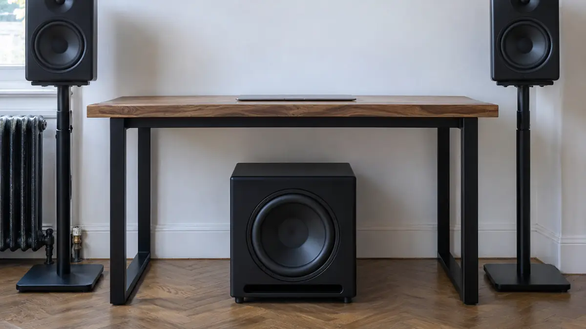 Plan coté d'un caisson de basses de studio, vue de profil avec le haut-parleur et l'évent