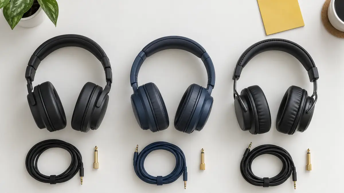 Plan coté d'un casque de studio fermé, vue de face avec les cotes de l'arceau