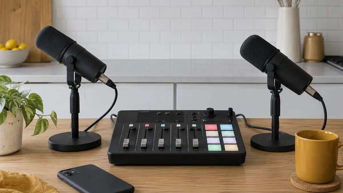Plan coté d'une console de podcast, vue de dessus avec les faders, les pads et les sorties casque
