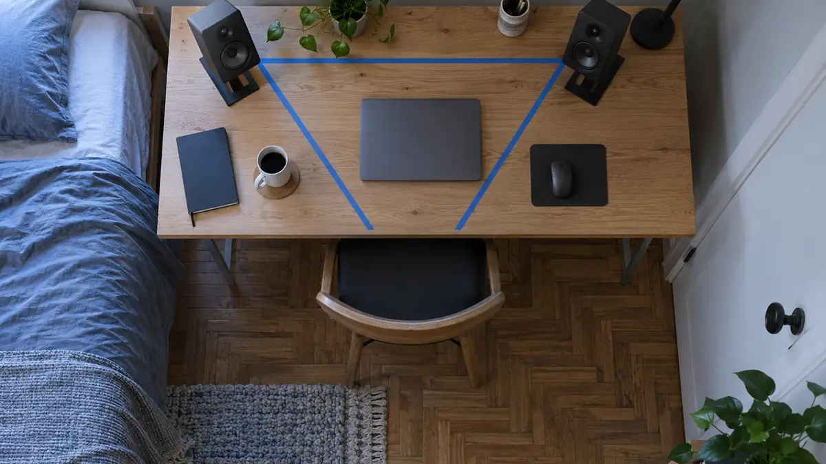 Plan coté d'une enceinte de monitoring compacte, vue de face avec le tweeter et le haut-parleur de graves