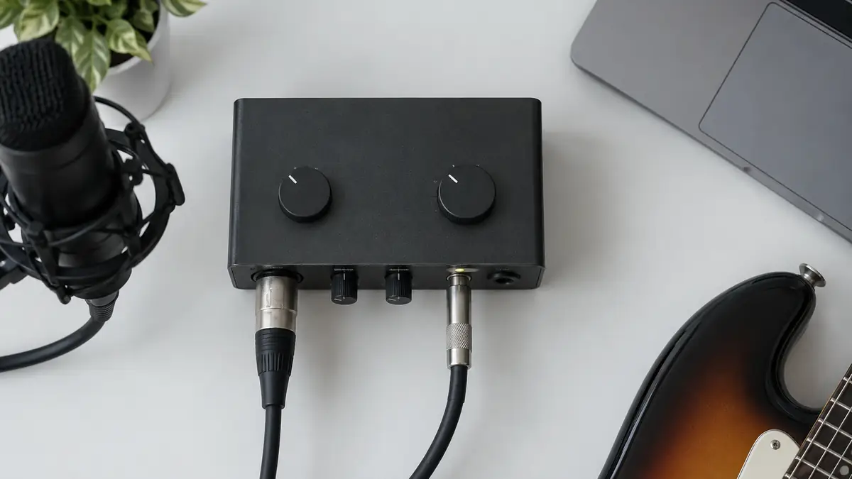 Plan coté d'un bureau avec une interface audio, un micro et une guitare branchés