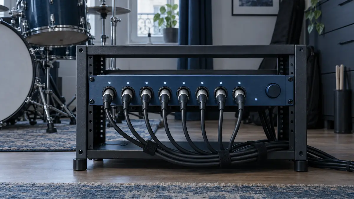 Plan coté d'une salle de répétition avec batterie, amplis et interface huit voies