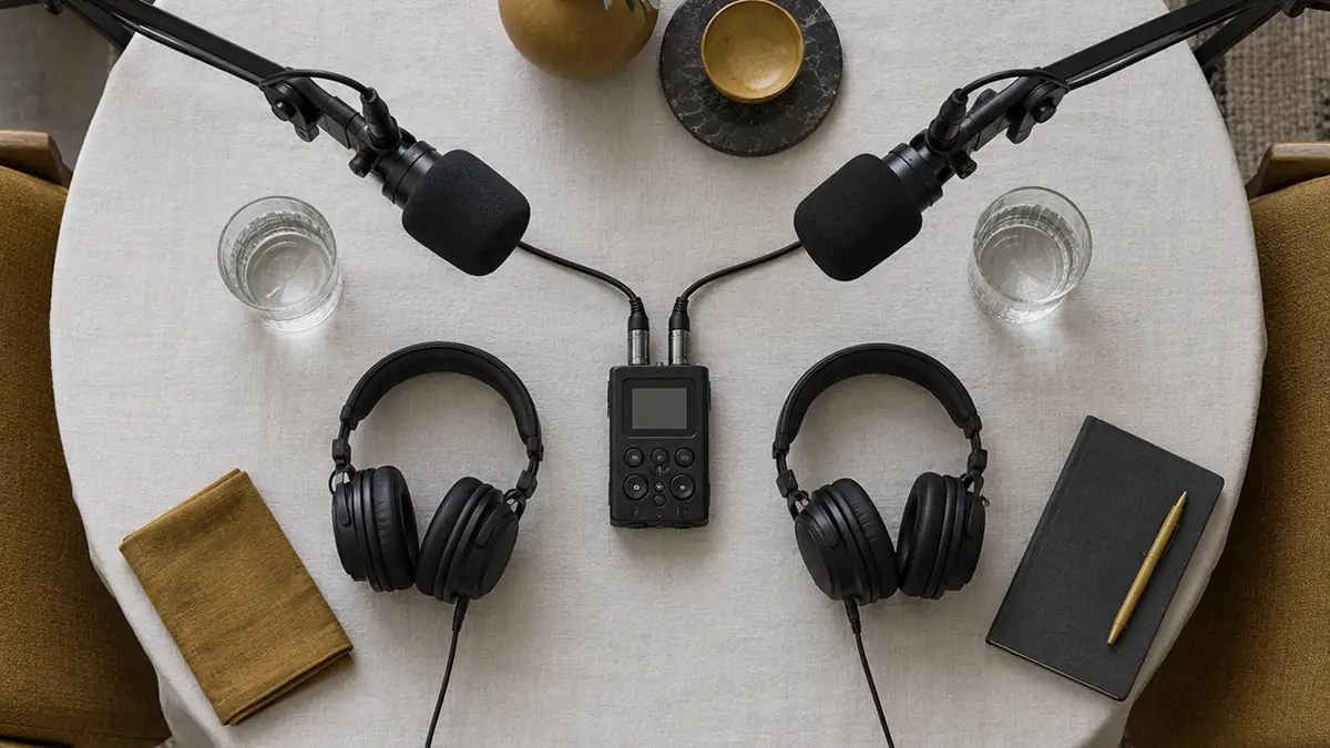 Plan coté d'une table d'enregistrement de podcast à deux micros sur bras articulés