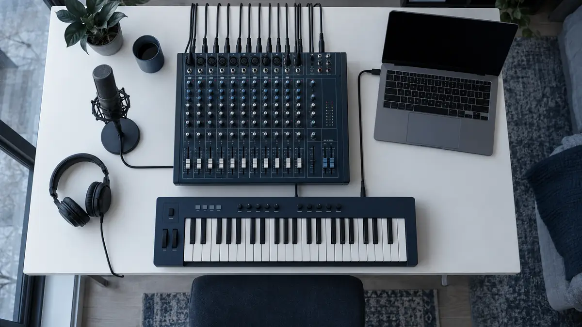 Plan coté d'une table de mixage compacte, vue de dessus avec les tranches et le port USB